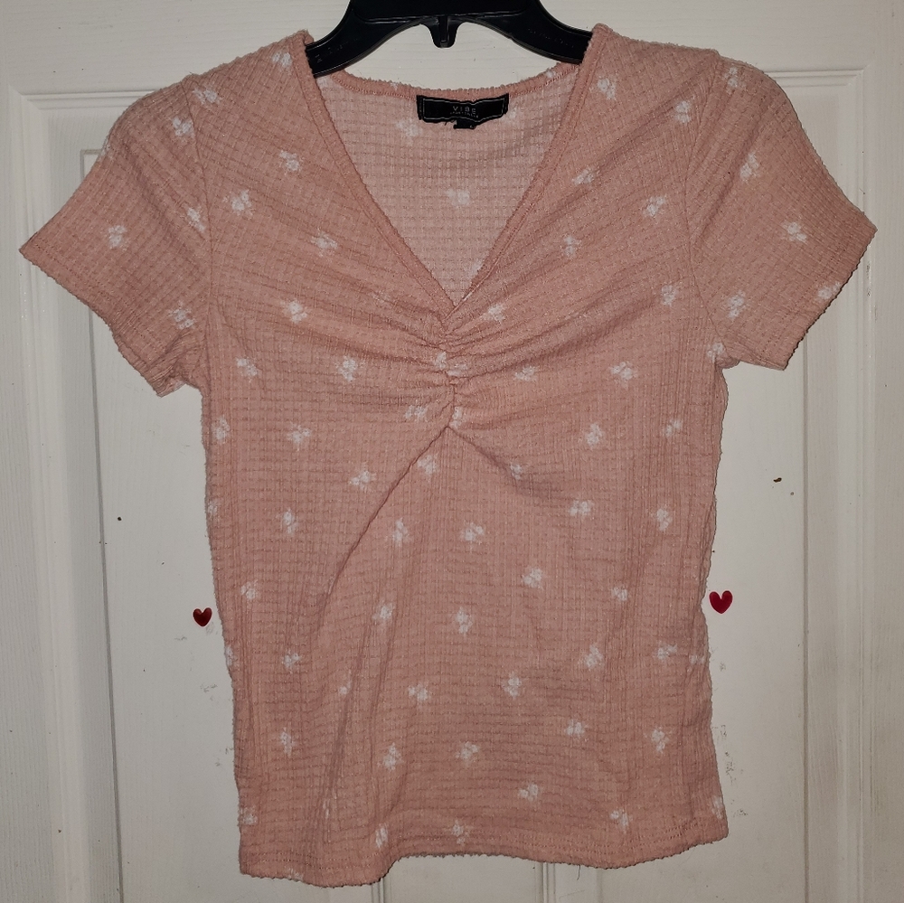 5 for $25 | Vibe Sportswear Pastel Scrunch Front Knit Fuzzy Short Sleeve Top
